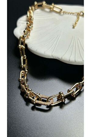 Orta Tek Halkası Zirkon Taşlı, Paslanmaz Çelik Kolye 104, 22 Ayar Altın Renk