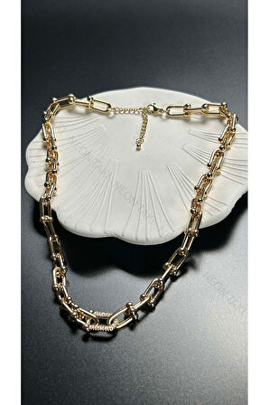 Orta Tek Halkası Zirkon Taşlı, Paslanmaz Çelik Kolye 104, 22 Ayar Altın Renk