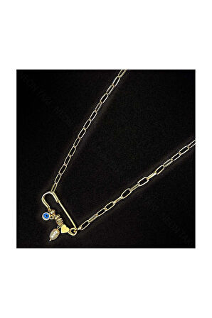 Çengel, Nazar, Kalp, Incili, Paslanmaz Çelik Kolye 109, Altın Renk