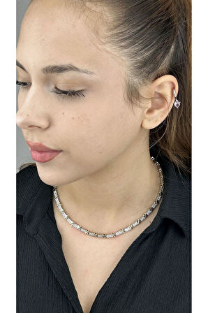 Xo Figürlü, Zirkon Taşlı, Paslanmaz Çelik Kolye 119, Gümüş Renk