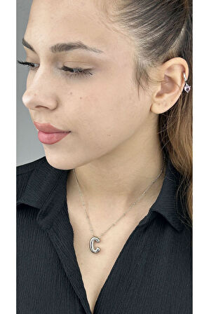 C Harfi, Balon Formlu, Paslanmaz Çelik Kolye 129, Gümüş Renk