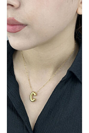 C Harfi, Balon Formlu, Paslanmaz Çelik Kolye 144, Altın Renk