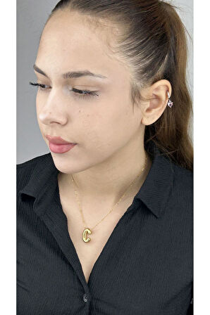 C Harfi, Balon Formlu, Paslanmaz Çelik Kolye 144, Altın Renk