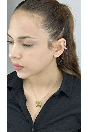 N Harfi, Balon Formlu, Paslanmaz Çelik Kolye 152, Altın Renk