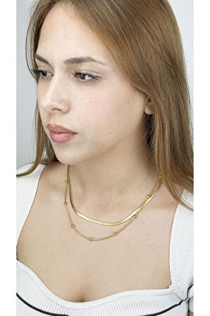 Çift Zincir, Topçuklu Ve Italyan Zinciri, Paslanmaz Kolye 190, Altın Renk