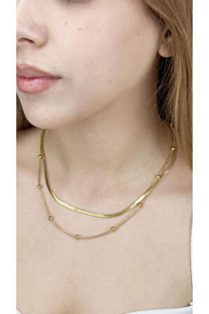 Çift Zincir, Topçuklu Ve Italyan Zinciri, Paslanmaz Kolye 190, Altın Renk