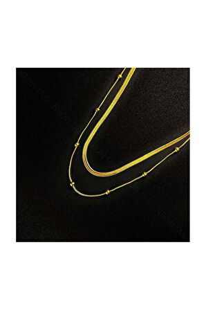 Çift Zincir, Topçuklu Ve Italyan Zinciri, Paslanmaz Kolye 190, Altın Renk