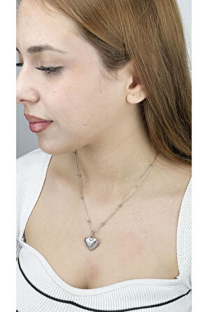 Kalp Figürlü, Topçuklu Zincir, Paslanmaz Çelik Kolye 192, Gümüş Renk