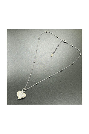 Kalp Figürlü, Topçuklu Zincir, Paslanmaz Çelik Kolye 192, Gümüş Renk
