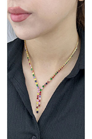 Su Yolu, Çok Renkli Zirkon Taşlı, Kolye 202, Altın Renk