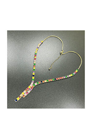 Su Yolu, Çok Renkli Zirkon Taşlı, Kolye 202, Altın Renk