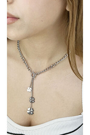 Yonca Sallantılı, Uzun, Paslanmaz Çelik Kolye 204, Gümüş Renk