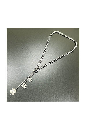 Yonca Sallantılı, Uzun, Paslanmaz Çelik Kolye 204, Gümüş Renk