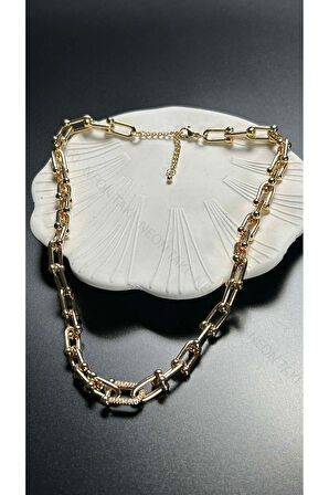 Xxx Orta Halkası Zirkon Taşlı Paslanmaz Çelik Kolye 226, 14 Ayar Altın Renk