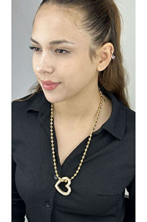 Xxx Zirkon Taşlı, Kalp, Top Zincir, Paslanmaz Çelik Kolye 230, Altın Renk