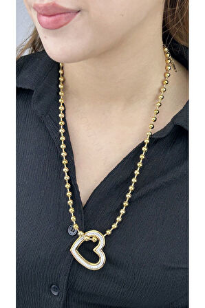 Xxx Zirkon Taşlı, Kalp, Top Zincir, Paslanmaz Çelik Kolye 230, Altın Renk