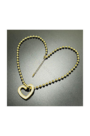 Xxx Zirkon Taşlı, Kalp, Top Zincir, Paslanmaz Çelik Kolye 230, Altın Renk