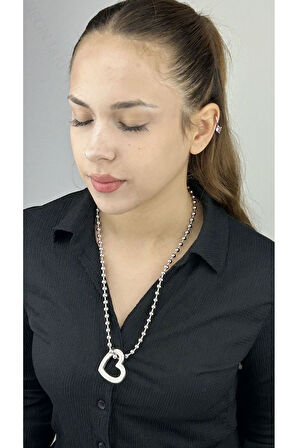 Xxx Top Zincirli, Zirkon Taşlı Kalp Uzun Paslanmaz Çelik Kolye 231 Gümüş Renk