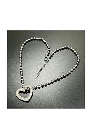 Xxx Top Zincirli, Zirkon Taşlı Kalp Uzun Paslanmaz Çelik Kolye 231 Gümüş Renk
