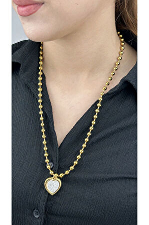 Xxx Top Zincirli, Sedefli Kalpli, Paslanmaz Çelik Kolye 232, Altın Renk