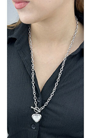Xxx Beyaz Sedefli Kalp Figürlü, Uzun, Paslanmaz Çelik Kolye 237, Gümüş Renk