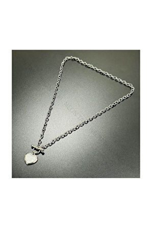Xxx Beyaz Sedefli Kalp Figürlü, Uzun, Paslanmaz Çelik Kolye 237, Gümüş Renk