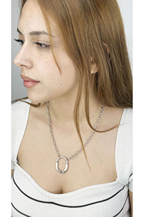 Zirkon Taşlı, Kilit Figürlü, Paslanmaz Çelik Kolye 245, Gümüş Renk