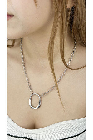 Zirkon Taşlı, Kilit Figürlü, Paslanmaz Çelik Kolye 245, Gümüş Renk