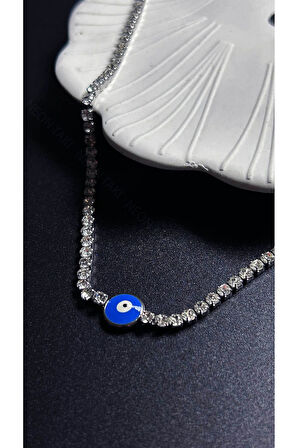 Suyolu, Zirkon Taşlı, Nazarlı, Paslanmaz Çelik Kolye 246, Gümüş Renk