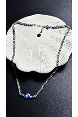 Suyolu, Zirkon Taşlı, Nazarlı, Paslanmaz Çelik Kolye 246, Gümüş Renk