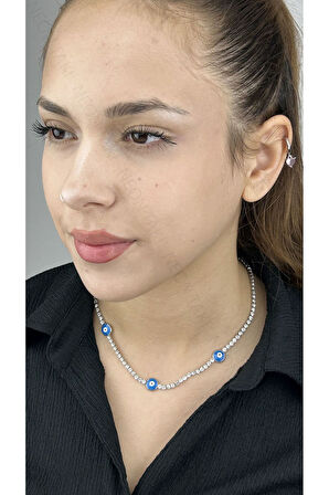 Su Yolu, Zirkon Taşlı, Nazarlı, Paslanmaz Çelik Kolye, Gümüş Renk