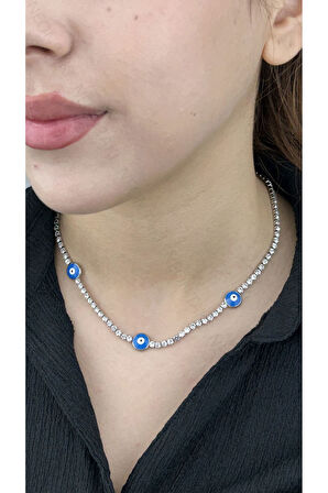 Su Yolu, Zirkon Taşlı, Nazarlı, Paslanmaz Çelik Kolye, Gümüş Renk