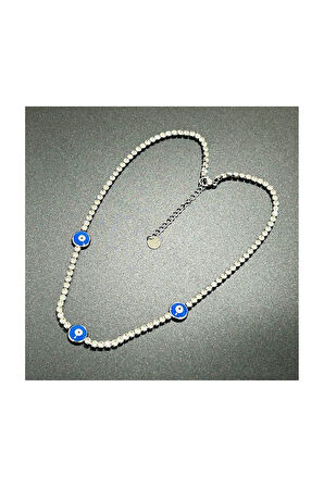 Su Yolu, Zirkon Taşlı, Nazarlı, Paslanmaz Çelik Kolye, Gümüş Renk