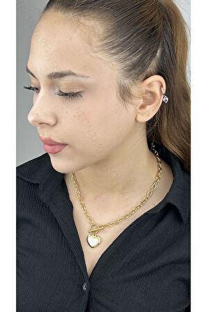 Beyaz Sedefli Kalp Figürlü, Uzun, Paslanmaz Çelik Kolye 249, Altın Renk