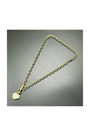 Beyaz Sedefli Kalp Figürlü, Uzun, Paslanmaz Çelik Kolye 249, Altın Renk