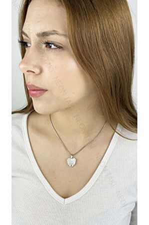 Zirkon Taşlı, Kanatlı, Açılır Kapanır, Paslanmaz Çelik Kolye 255, Gümüş Renk