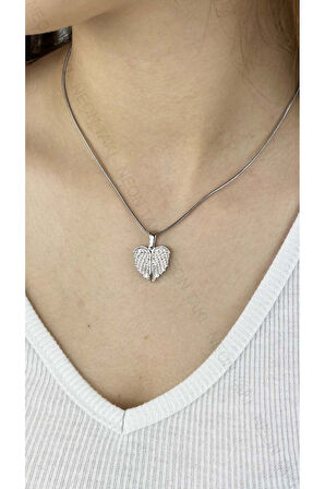 Zirkon Taşlı, Kanatlı, Açılır Kapanır, Paslanmaz Çelik Kolye 255, Gümüş Renk