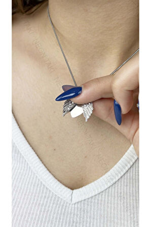 Zirkon Taşlı, Kanatlı, Açılır Kapanır, Paslanmaz Çelik Kolye 255, Gümüş Renk