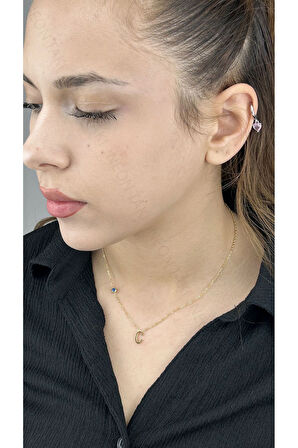 C Harfli, Nazar Figürlü, Paslanmaz Çelik Kolye 272, Altın Renk