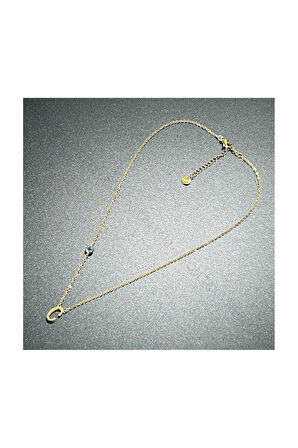 C Harfli, Nazar Figürlü, Paslanmaz Çelik Kolye 272, Altın Renk