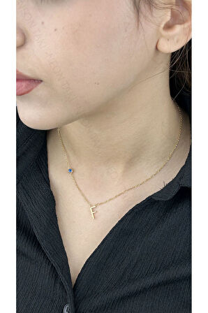 F Harfli, Nazar Figürlü, Paslanmaz Çelik Kolye 275, Altın Renk