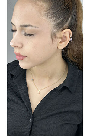 F Harfli, Nazar Figürlü, Paslanmaz Çelik Kolye 275, Altın Renk