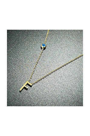 F Harfli, Nazar Figürlü, Paslanmaz Çelik Kolye 275, Altın Renk