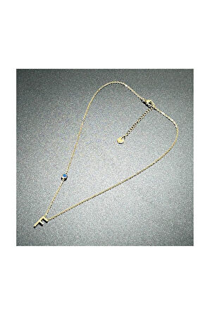 F Harfli, Nazar Figürlü, Paslanmaz Çelik Kolye 275, Altın Renk