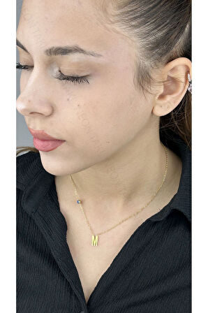 M Harfli, Nazar Figürlü, Paslanmaz Çelik Kolye 280, Altın Renk