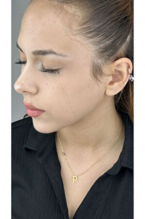 P Harfli, Nazar Figürlü, Paslanmaz Çelik Kolye 283, Altın Renk