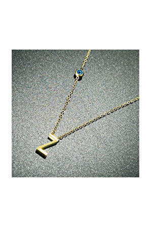 Z Harfli, Nazar Figürlü, Paslanmaz Çelik Kolye 288, Altın Renk