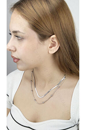 2 Zincirli, Topçuklu Zincir, Paslanmaz Çelik Kolye 315, Gümüş Renk