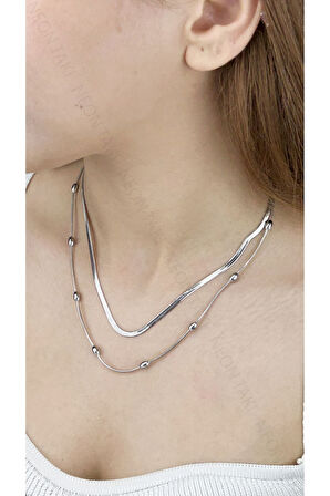 2 Zincirli, Topçuklu Zincir, Paslanmaz Çelik Kolye 315, Gümüş Renk