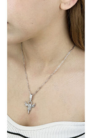 Zirkon Taşlı, Anka Kuşu, Paslanmaz Çelik Kolye 320, Gümüş Renk